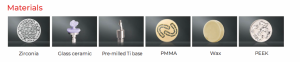 Materials milled by A52DW include zirconia, glass ceramic, premilled ti base, pMMa, wax, PEEK